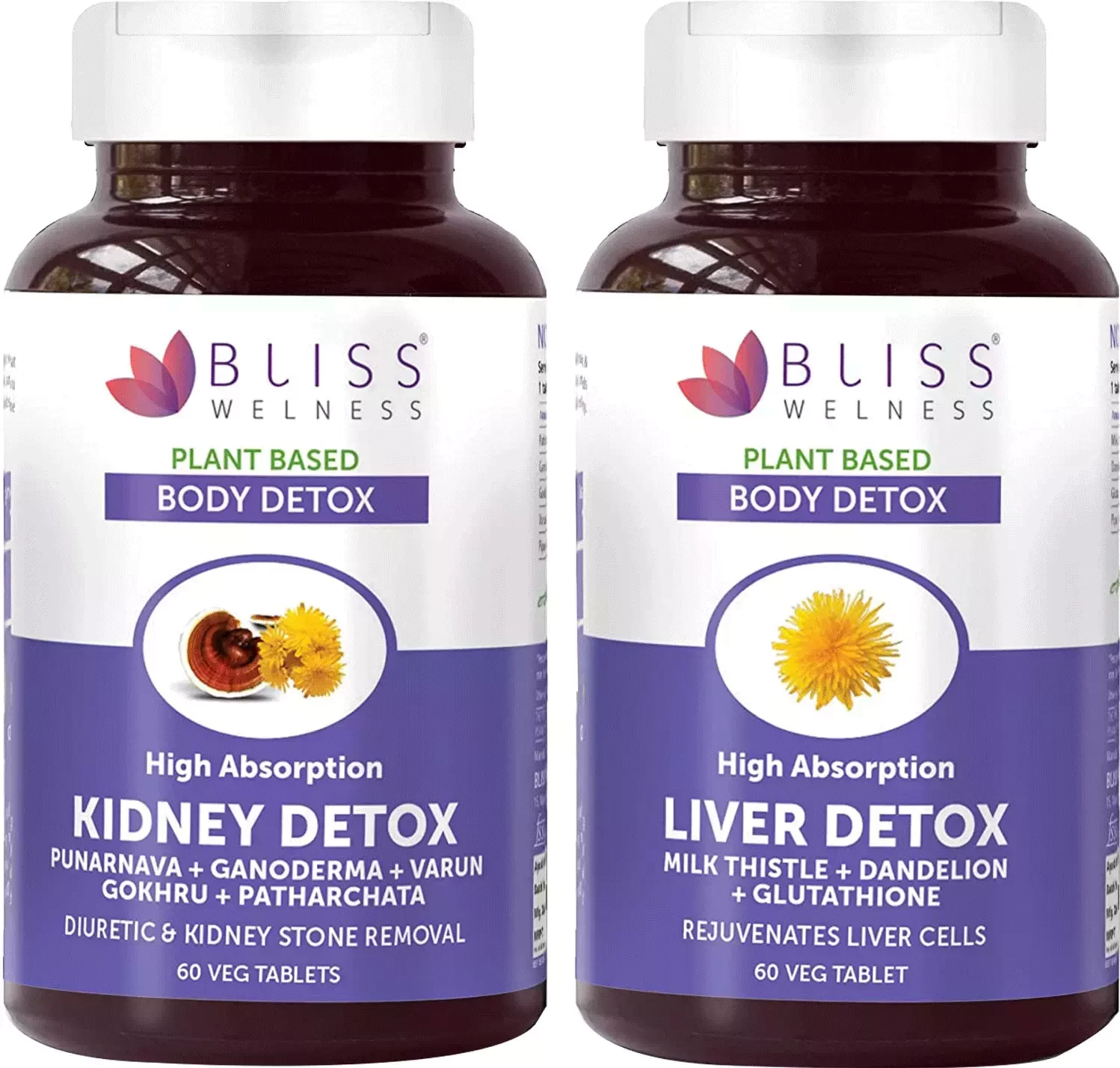 Bliss Wellness Kidney Detox Cleanse Purifier + Liver Detox Cleanse Purifier - 60+60 Veg Tablets